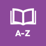 A purple button with a white book and text A - Z.